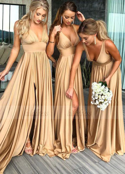 elegant v neck gold long bridesmaid dresses, wedding party dresses,BD98289