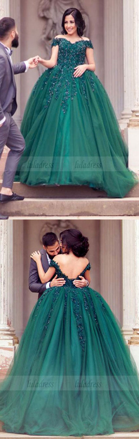 Elegant Green Lace Appliques Beaded Off The Shoulder Tulle Wedding Dresses Ball Gowns For Engagement Party