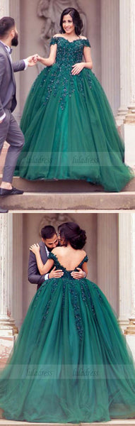 Elegant Green Lace Appliques Beaded Off The Shoulder Tulle Wedding Dresses Ball Gowns For Engagement Party,BD98172
