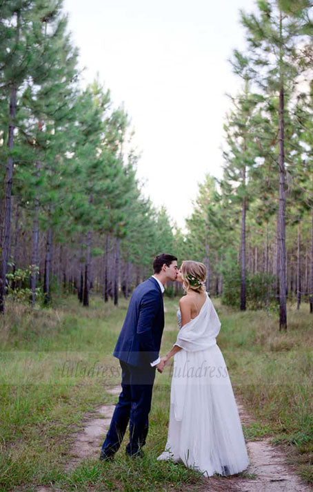 Simple A-Line Spaghetti Straps Tulle Wedding Dress with Beadings