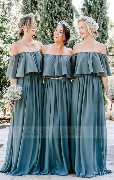 Off the Shoulder Bridesmaid Dresses, Ruffled Bridesmaid Dresses, Dusty Blue Bridesmaid Dresses rustic,BD98114