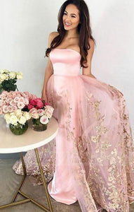 Strapless  satin long A-line evening dress, long formal golden flower prom dresses,BD99047