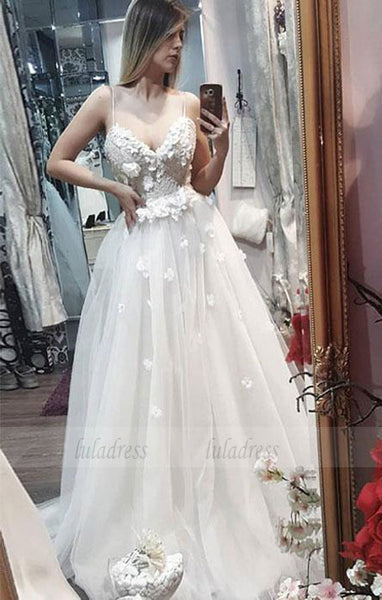 White sweetheart v neck lace applique long prom dress, wedding dress,BD98194