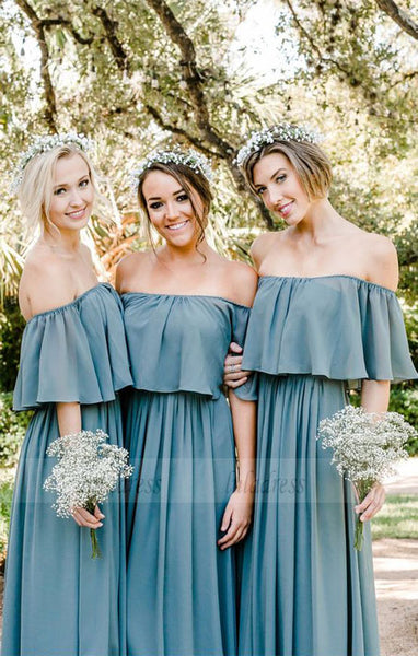 Off the Shoulder Bridesmaid Dresses, Ruffled Bridesmaid Dresses, Dusty Blue Bridesmaid Dresses rustic,BD98114