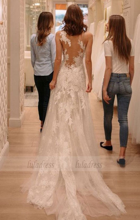 tight lace wedding dresses with court train, fashion wedding gowns