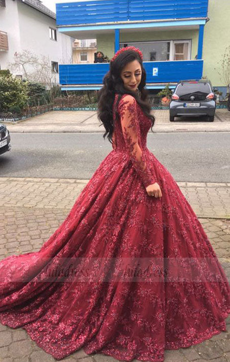 Long Sleeves V-neck Ball Gowns Lace Burgundy Prom Dresses