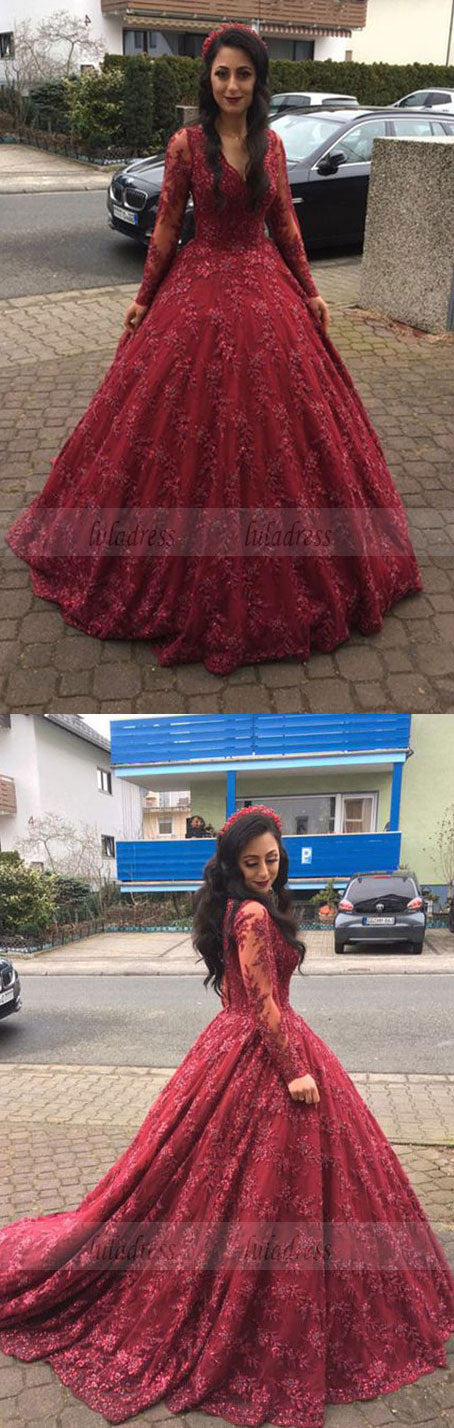 Long Sleeves V-neck Ball Gowns Lace Burgundy Prom Dresses