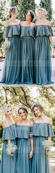 Off the Shoulder Bridesmaid Dresses, Ruffled Bridesmaid Dresses, Dusty Blue Bridesmaid Dresses rustic,BD98114