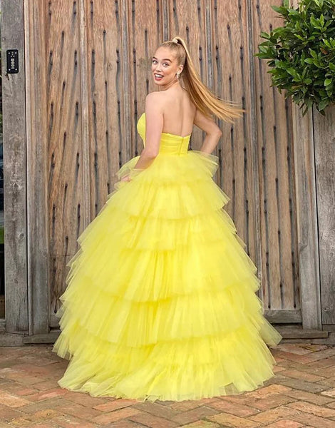 Yellow Long Sweetheart Tulle Princess Prom Dresses,BD930668