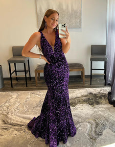 Purple V-neck Mermaid Long Prom Dresses,Evening Dresses,BD930615