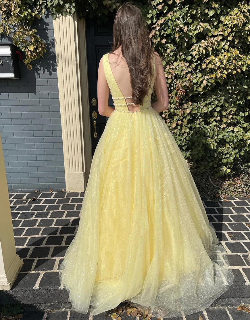 A Line Daffodil Long Backless Prom Dresses,Evening dresses