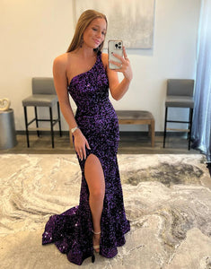 Purple Mermaid One Shoulder Sequin Long Prom Dresses,BD930606