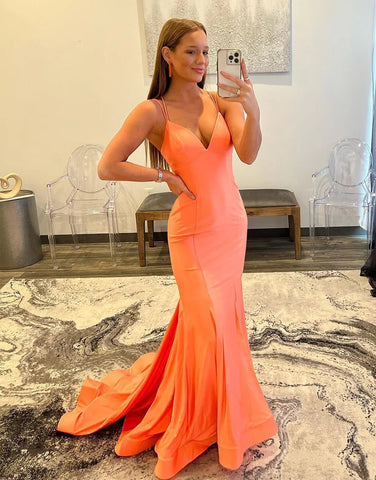 Mermaid Orange Tight Backless Long V Neck Prom Dresses,BD930611