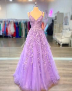 V Neck Lilac Appliques Long Prom Dresses,BD930651