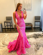 Deep Sequin Mermaid Orange  V-neck Prom Dresses