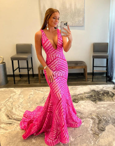 Deep Sequin Mermaid Orange  V-neck Prom Dresses
