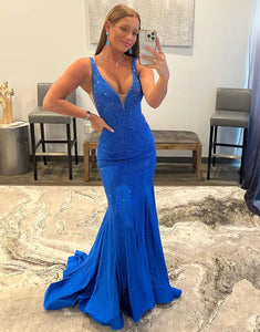Royal Floor Length Blue Mermaid Glitter Beaded Prom Dresses,BD930610
