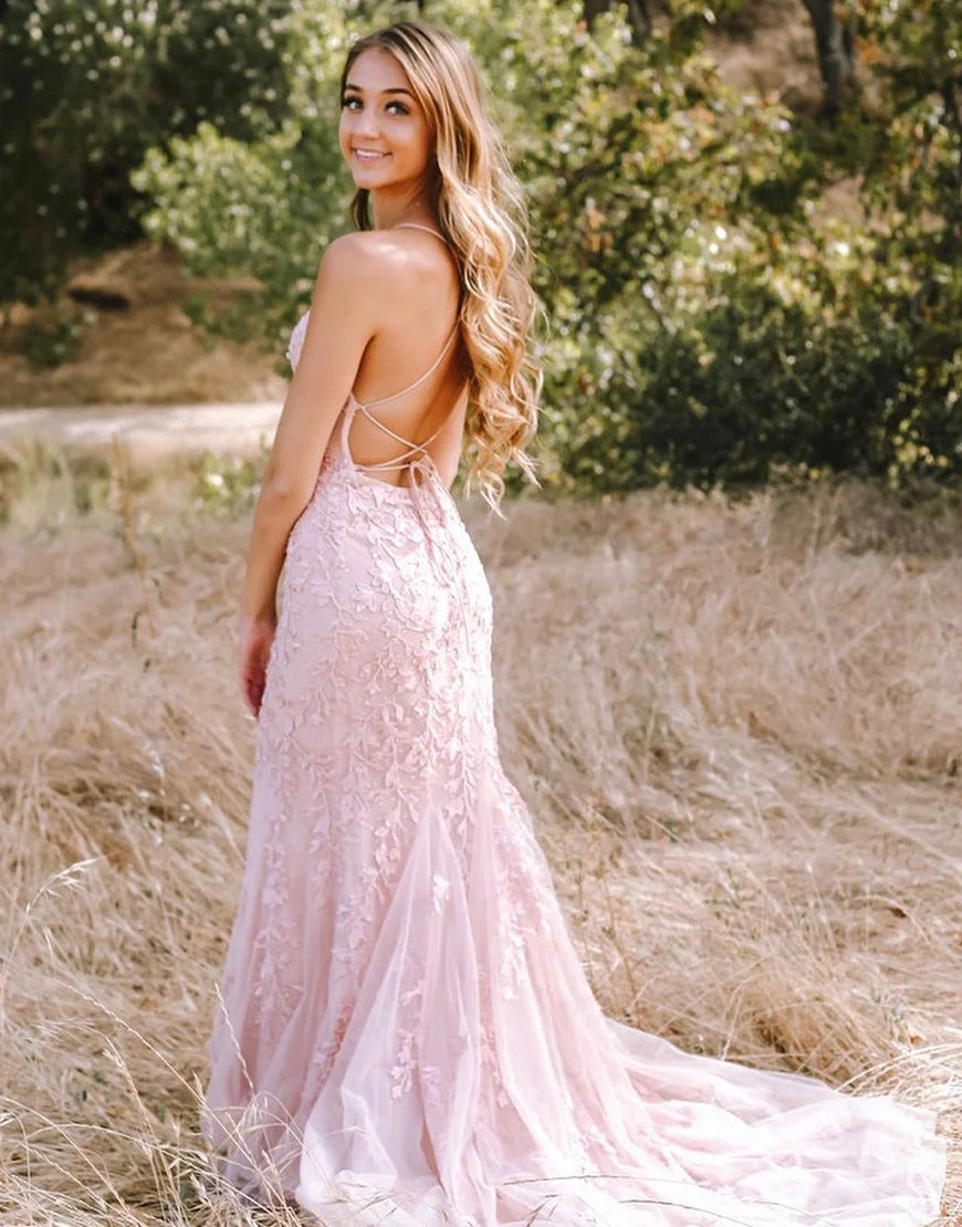 Mermaid Long Sweep Train Backless Tight Pink Prom Dresses luladress Mermaid Long Sweep Train Backless Tight Pink Prom Dresses luladress