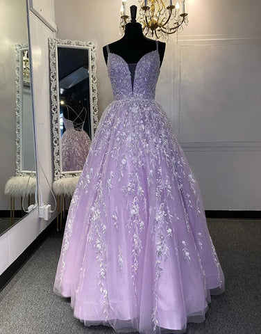 Lilac Princess A Line Long Prom Dresses with Embroidery,BD930613
