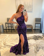 Purple Mermaid One Shoulder Sequin Long Prom Dresses