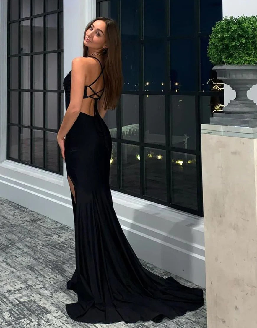 Mermaid Backless Long Black Prom Dresses with Split – luladress Mermaid Backless Long Black Prom Dresses with Split – luladress