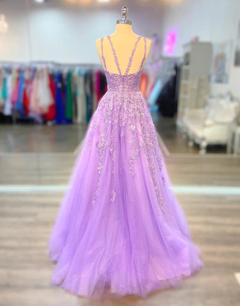 V Neck Lilac Appliques Long Prom Dresses,BD930651