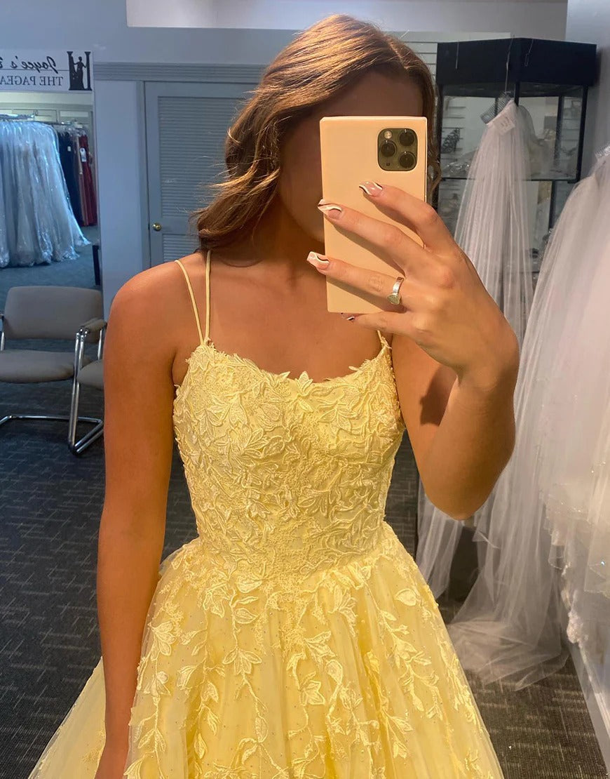 Princess Long Daffodil Prom Dresses with Appliques,Evening Dresses
