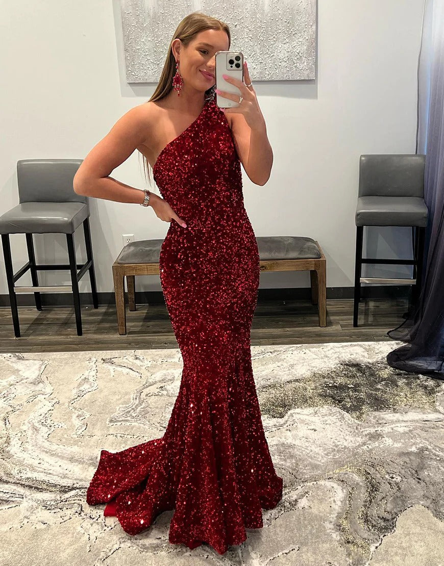 one shoulder backless prom dress Mermaid Glitter One-Shoulder Backless Prom Dress With Sequins PSK386 US16 / Red
