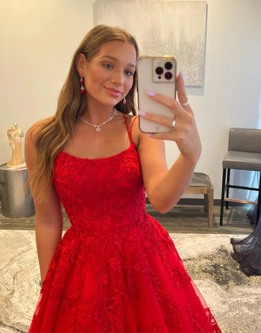 Princess A Line Long Red Prom Dresses with Appliques