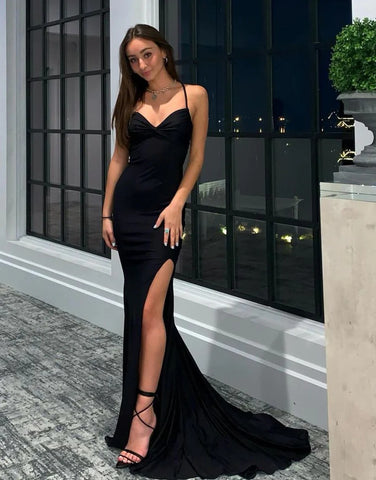 Mermaid Backless Long Black Prom Dresses with Split,BD930618