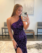 Purple Mermaid One Shoulder Sequin Long Prom Dresses