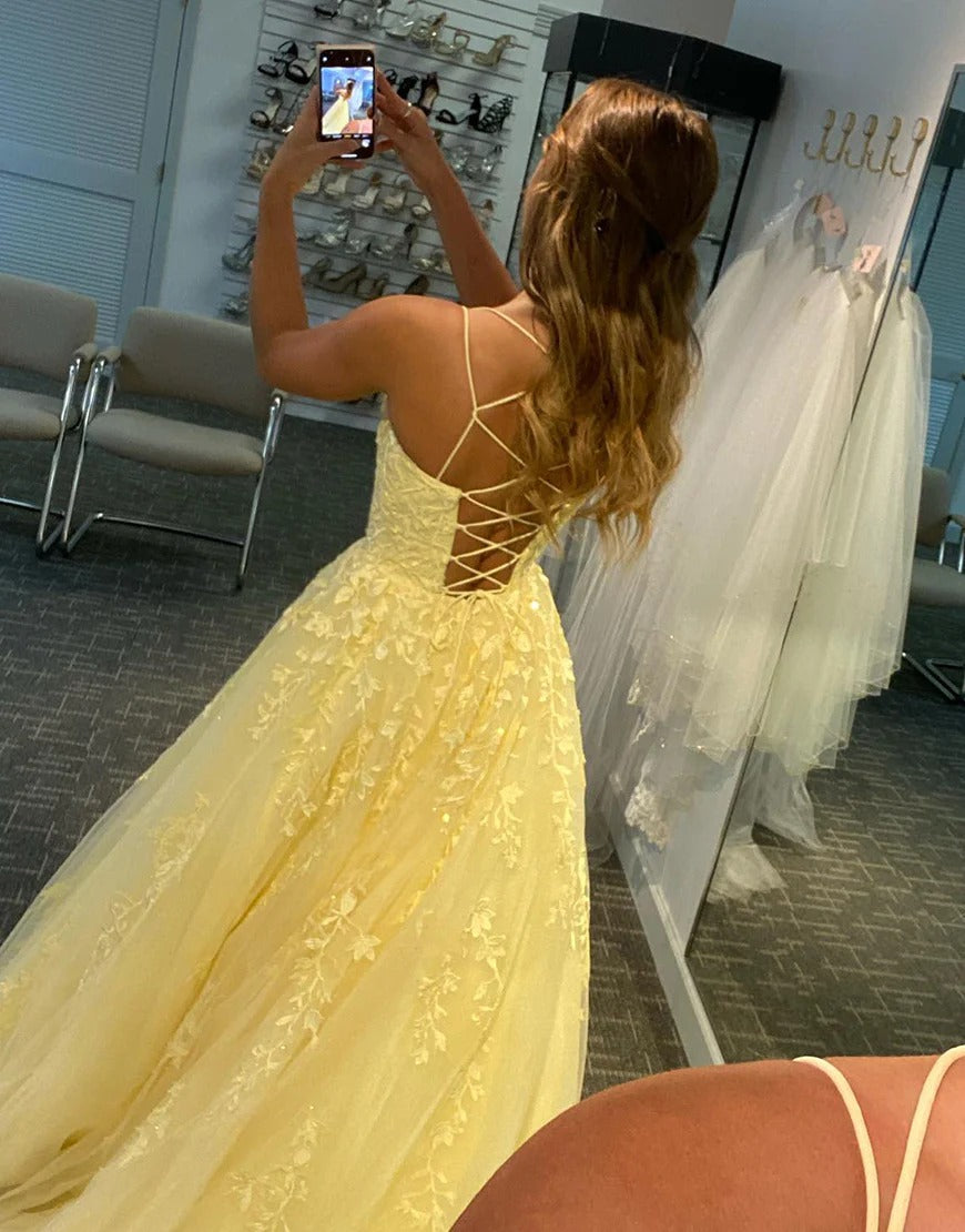 Princess Long Daffodil Prom Dresses with Appliques,Evening Dresses
