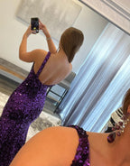 Purple Mermaid One Shoulder Sequin Long Prom Dresses
