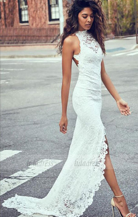Sexy Lace Long Wedding Dresses Mermaid High Slit Bridal Gowns Backless