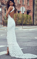 Sexy Lace Long Wedding Dresses Mermaid High Slit Bridal Gowns Backless