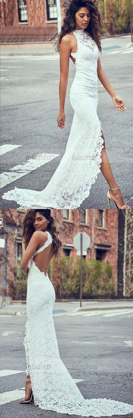 Sexy Lace Long Wedding Dresses Mermaid High Slit Bridal Gowns Backless