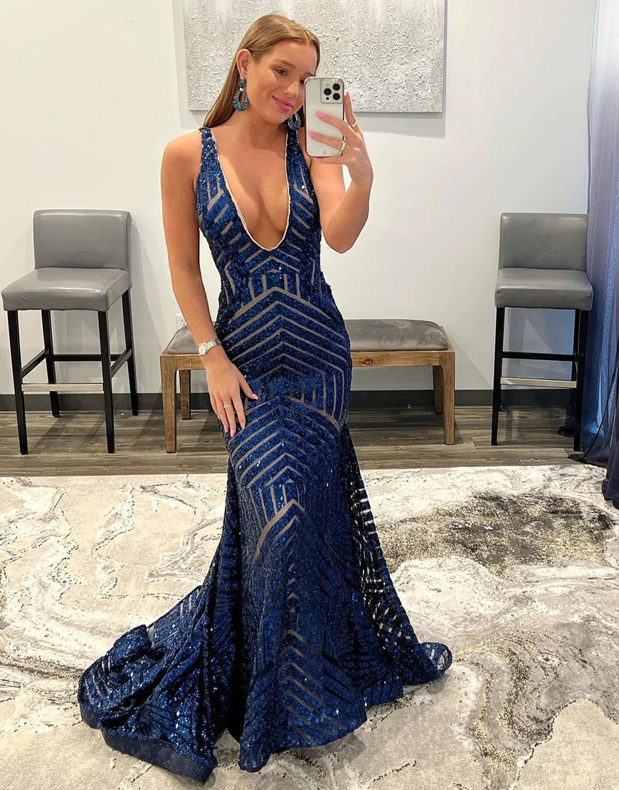 Deep Sequin Mermaid Orange  V-neck Prom Dresses