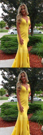 Mermaid Satin Yellow Prom Dresses Halter Neck Women Party Dresses