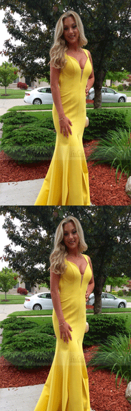 Mermaid Satin Yellow Prom Dresses Halter Neck Women Party Dresses,BD99993