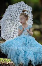Blue New Designer Communion Dresses with Short Sleeves Flower Girl Gown Kids Evening Dresses Children Prom Dress