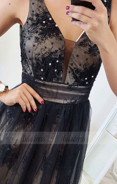 A-Line V-Neck Backless Floor-Length Black Prom Dress with Appliques Beading,BD99545