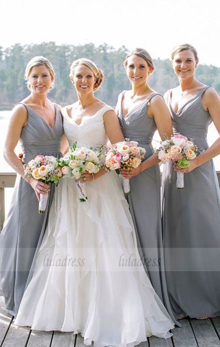 simple grey chiffon long bridesmaid dresses,a line bridesmaid dresses with pleats