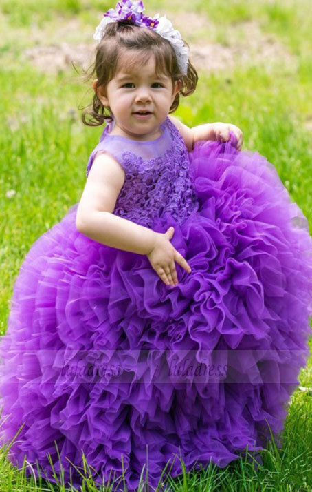 Dramatic Jewel Sleeveless Floor-Length Ball Gown Organza Purple Flower Girl Dress with Appliques