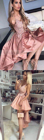 V-Neck Pink Satin High Low Homecoming Dress