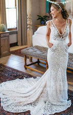 Elegant Mermaid Deep V-Neck Sleeveless Lace Court Train Wedding Dress