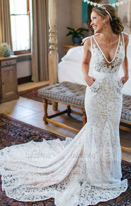 Elegant Mermaid Deep V-Neck Sleeveless Lace Court Train Wedding Dress,BD99584