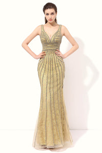 Formal Mermaid Gold Lace Beaded Long Evening Dress, BS35