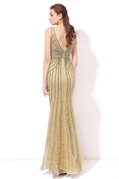 Formal Mermaid Gold Lace Beaded Long Evening Dress, BS35