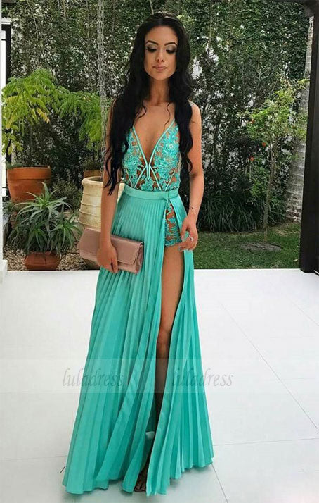 Sexy Deep V Neckline Long Evening Dress, Sexy  Appliques Long Prom Dresses