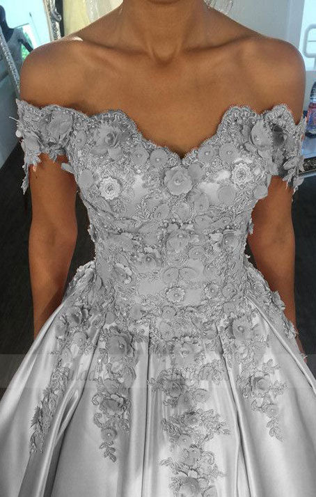 Silver Wedding Dresses Ball Gowns Lace Flowered Beaded Off The Shoulder, BD98330